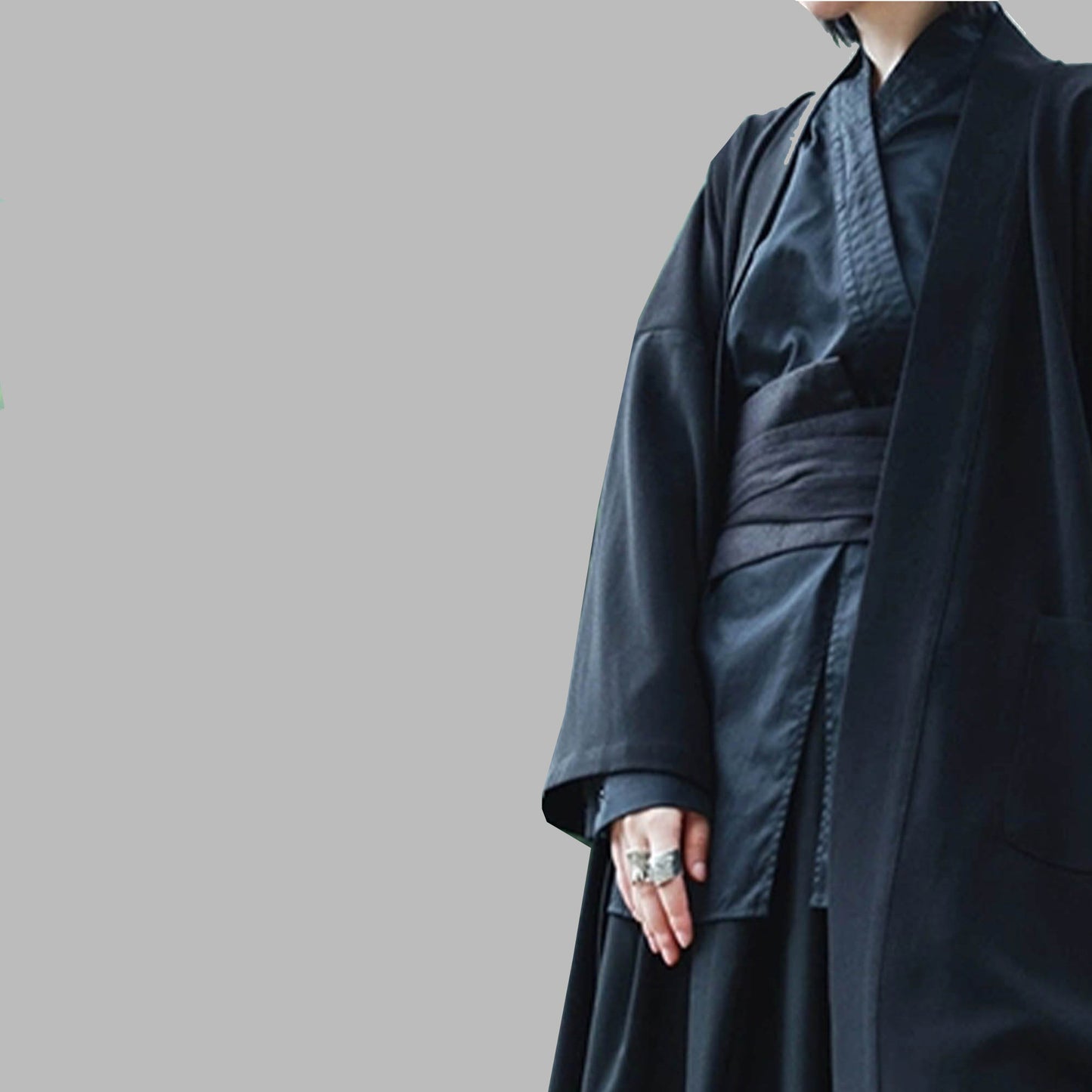 Cotton V neck shirt Wuxia style cotton blouse with wide OBI belt black cotton shirt