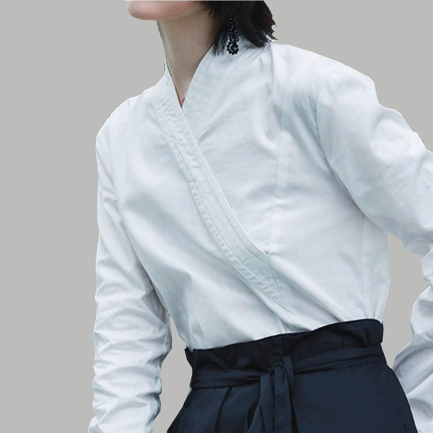 Cotton V neck shirt Wuxia style cotton blouse with wide OBI belt black cotton shirt