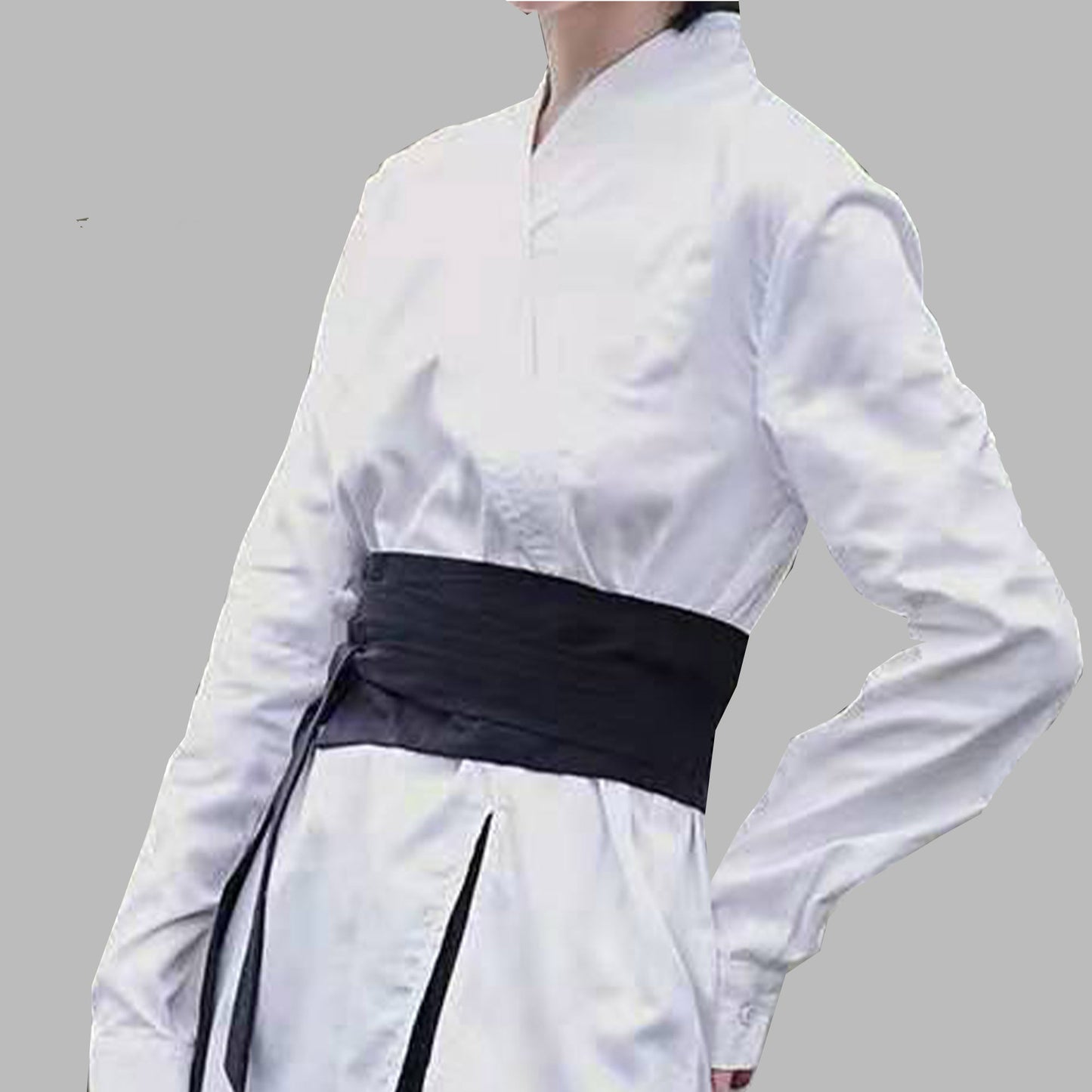 Cotton V neck shirt Wuxia style cotton blouse with wide OBI belt black cotton shirt