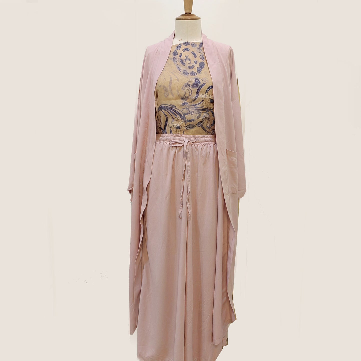 Kimono style open cardigan with loose fit wide leg pants Tencel cotton blended fabric kimono set