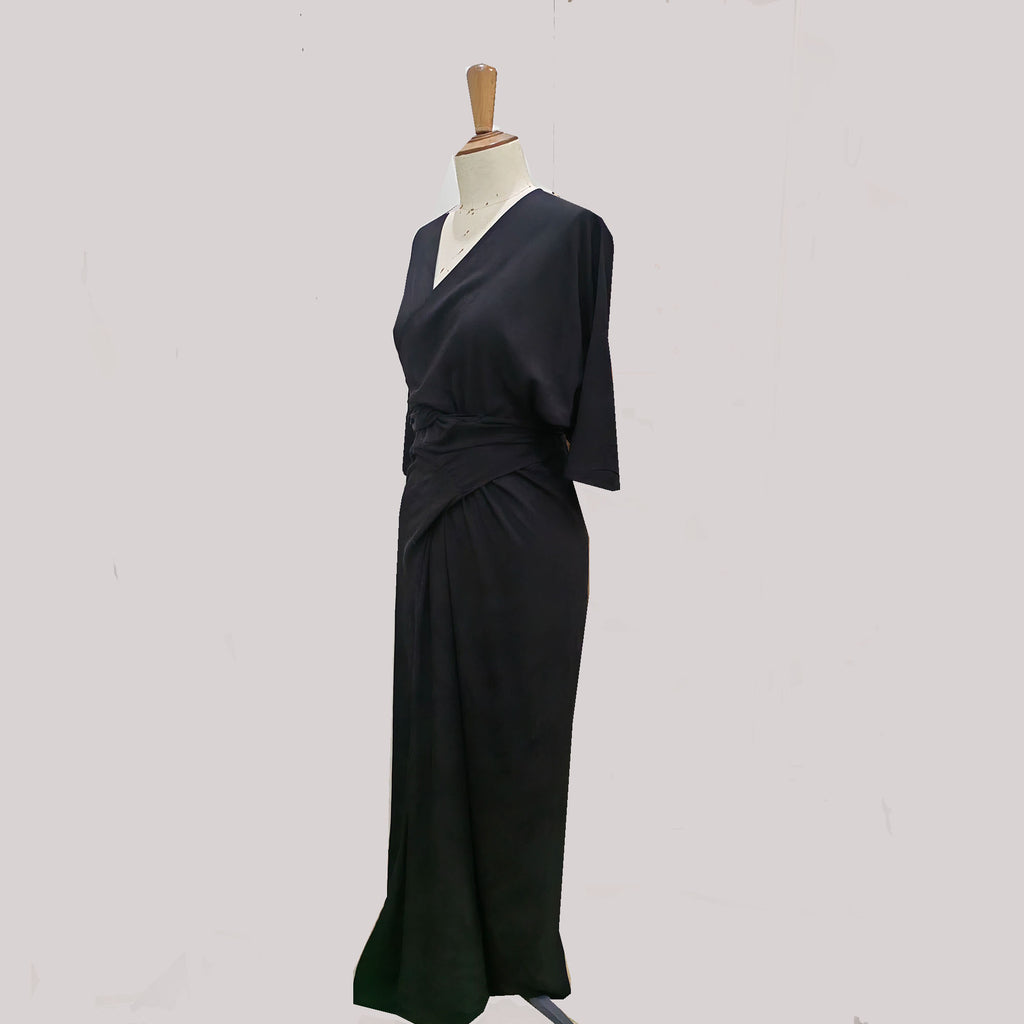Rayon dress wrap dress extra length front cross wrap up dress