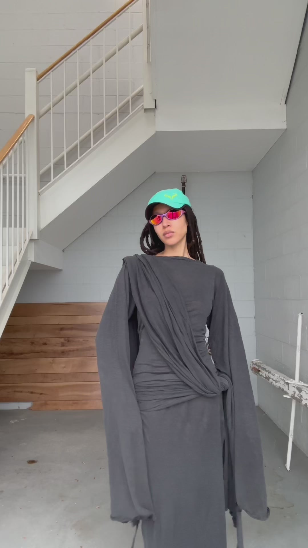 Linen jersey long sleeves top set with long drape