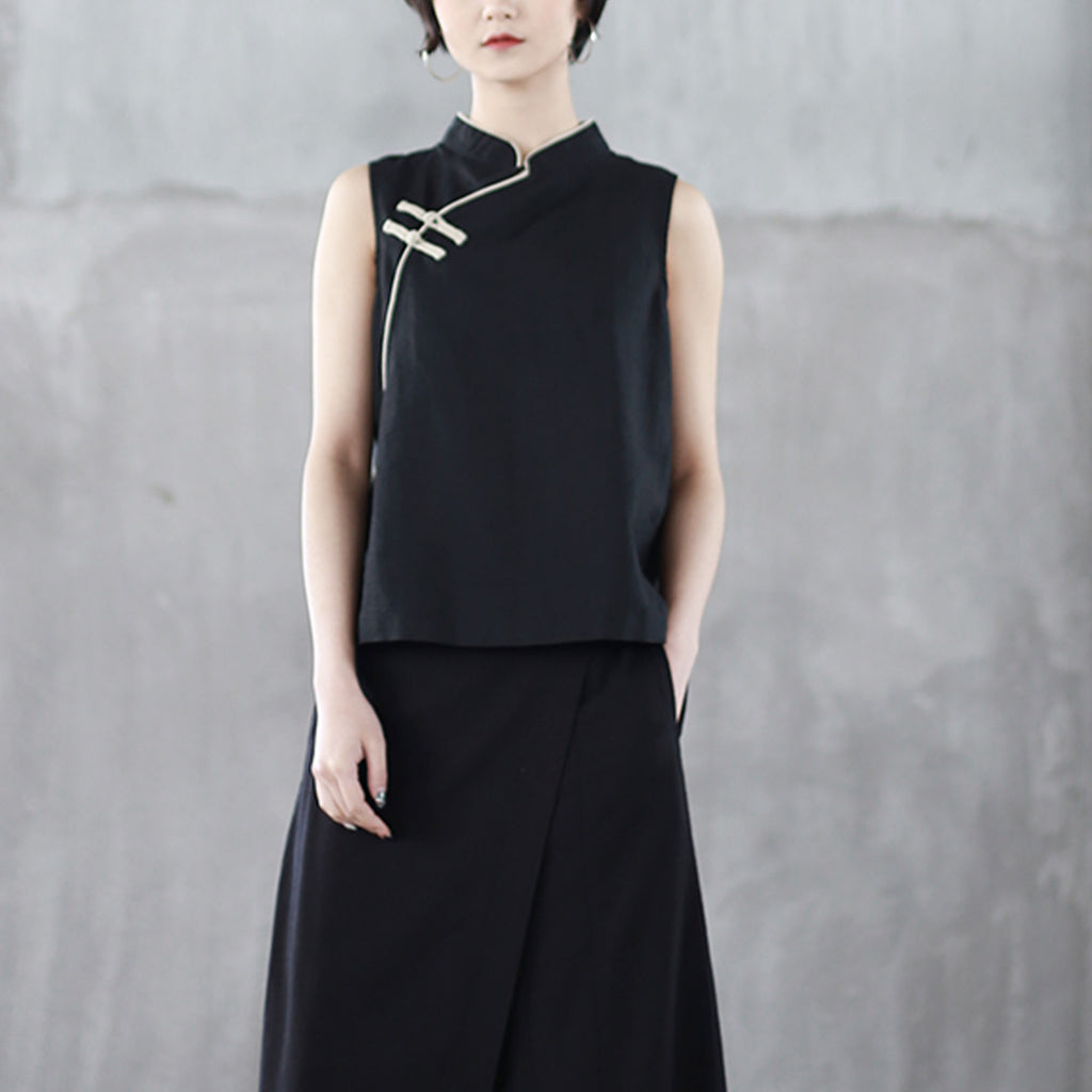 Qipao Modified sleevesless Top T shirt with Chinese toggle Hanfu Top black Qipao Shirt Hanfu cami top Chinese crop Top Mandarin Collar