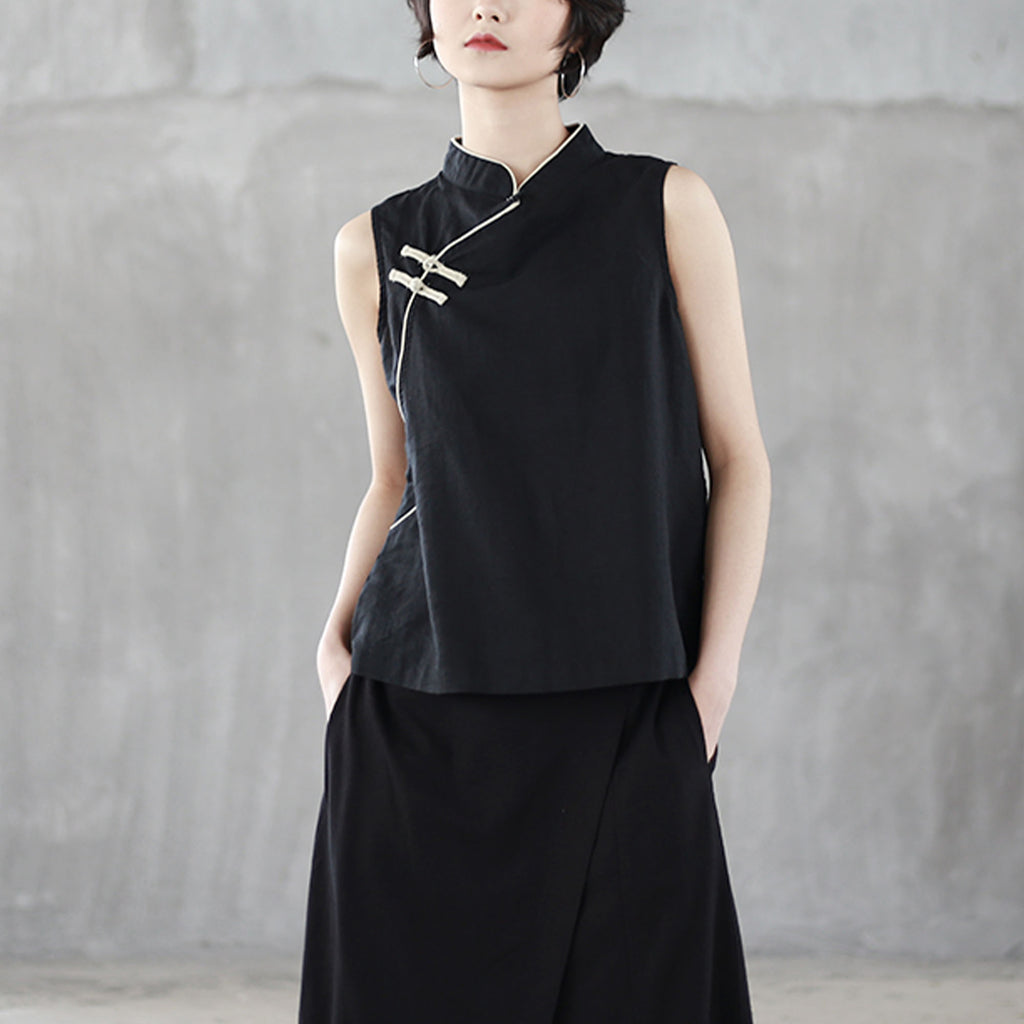 Qipao Modified sleevesless Top T shirt with Chinese toggle Hanfu Top black Qipao Shirt Hanfu cami top Chinese crop Top Mandarin Collar