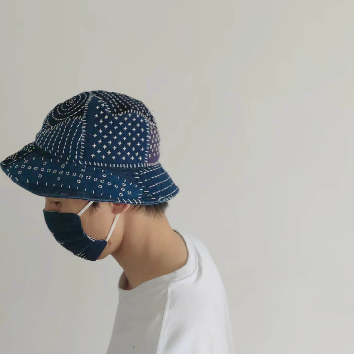 Sashiko hand embroidery hat fishmen's hat patchwork hand stitiching hat slow stitching fishmen's hat