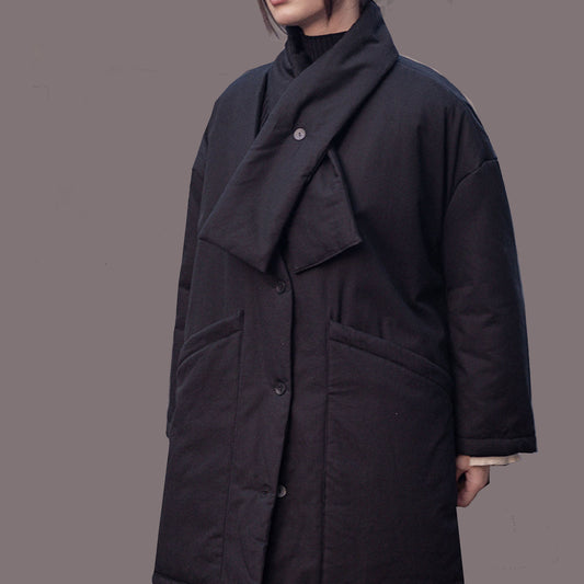 Black padded coat with scarf cotton black padded coat winter oversize coat