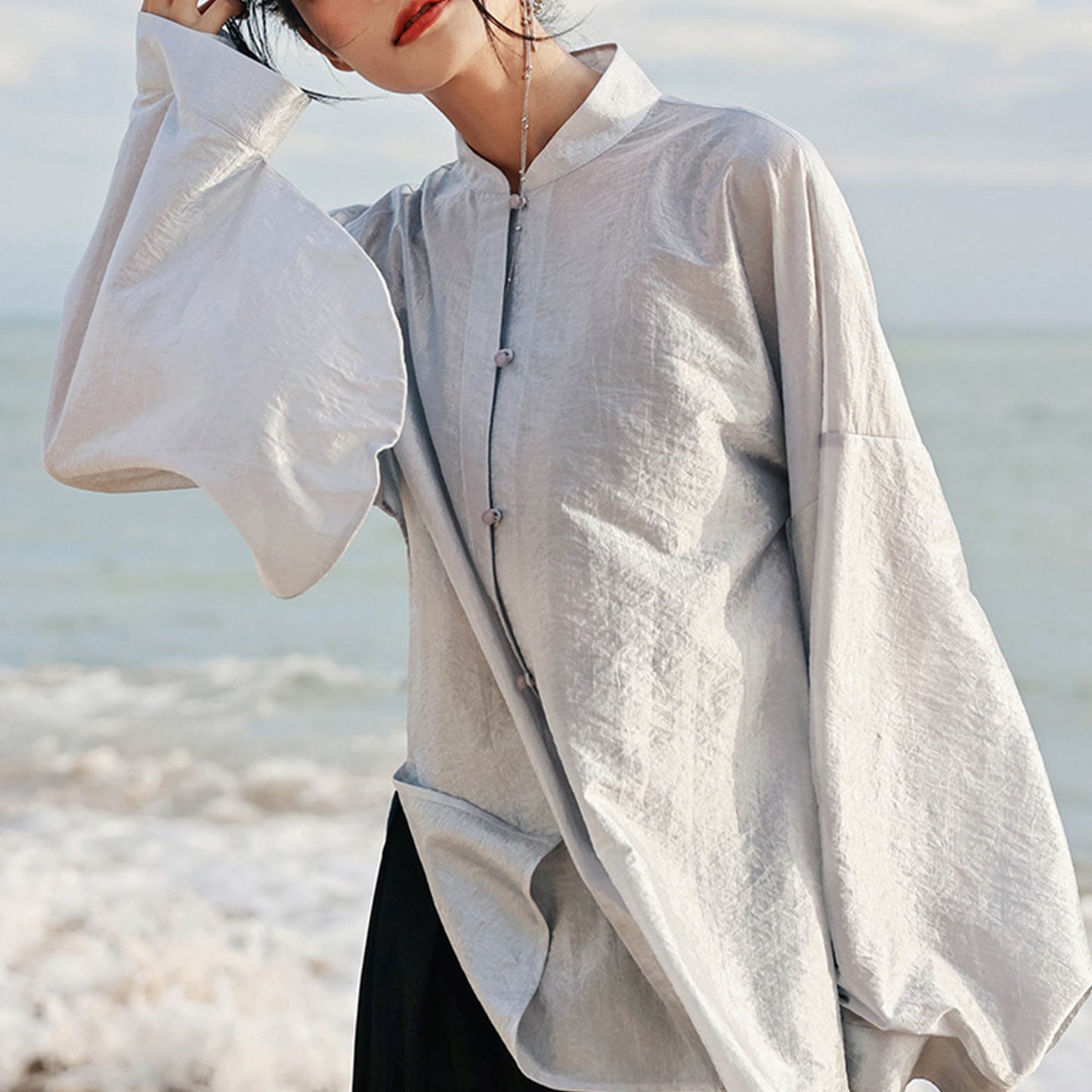 Curvy sleeves spring blouse tencel fabric Chinese style Ming dynasty style shirt