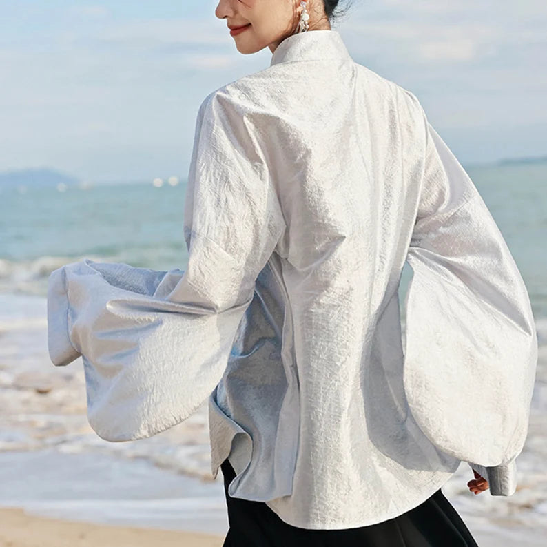 Curvy sleeves spring blouse tencel fabric Chinese style Ming dynasty style shirt