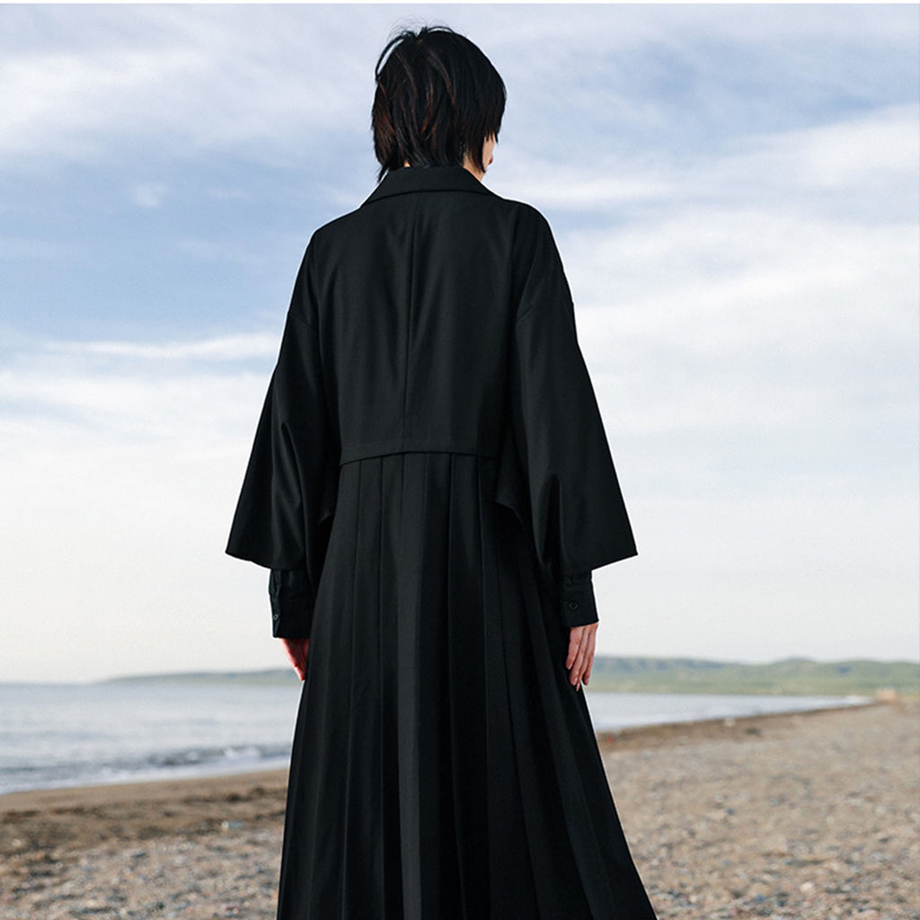 Suit dress with squared sleeves and pleated skirt Black suiting fabric dress