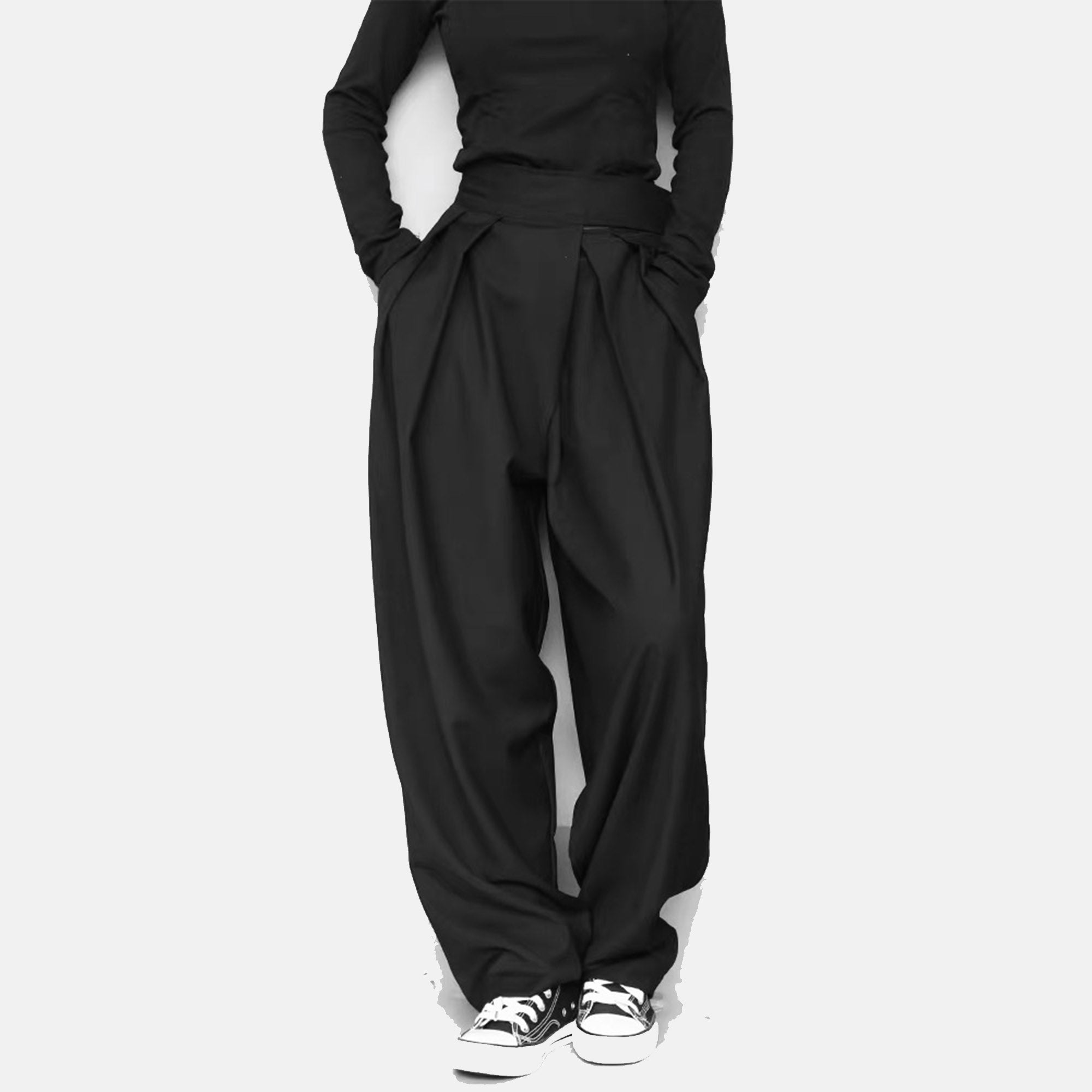 Black Suit Pants Loose Fit Trousers Wide Leg Soft Acetate Pants Neza Studio Long Trousers Unisex Pants Minimalist Style magic tape closure